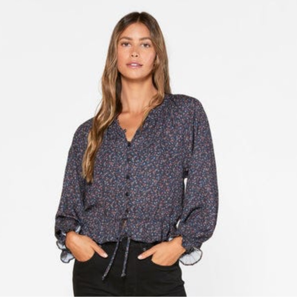 OUTERKNOWN Poet Blouse Indigo Mariquita Ruffle Cuffs Women Size X-Small NEW